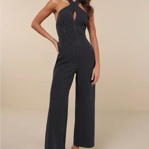 Lulu's Navy Pinstriped Halter Jumpsuit